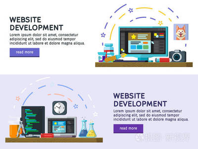 平面設(shè)計(jì)現(xiàn)代矢量圖的概念。平面彩色橫幅設(shè)計(jì)一套。網(wǎng)站開發(fā),網(wǎng)頁設(shè)計(jì)。現(xiàn)代平面設(shè)計(jì)中的 Web 橫幅,網(wǎng)站元素。編程和編碼