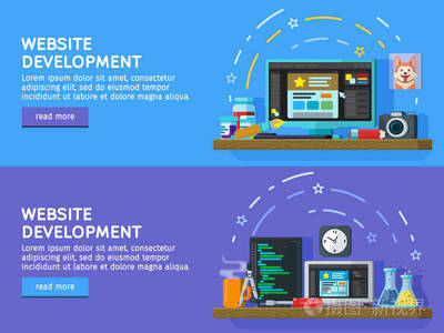 平面顏色集橫幅網(wǎng)絡(luò)工作室的設(shè)計(jì)概念。網(wǎng)站開發(fā),網(wǎng)頁設(shè)計(jì)。現(xiàn)代平面設(shè)計(jì)中的 Web 橫幅,網(wǎng)站元素。編程和編碼。矢量圖